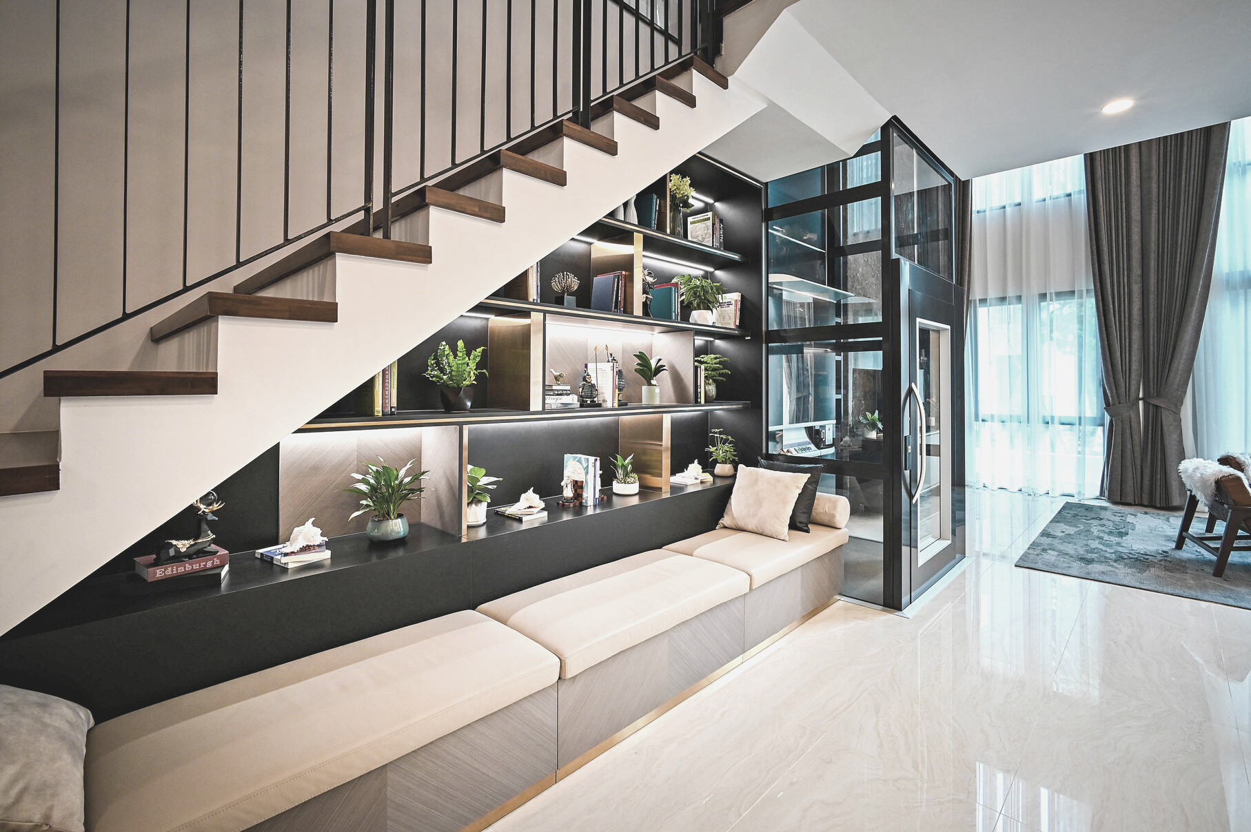 Seat and Shelves Under the Stairs